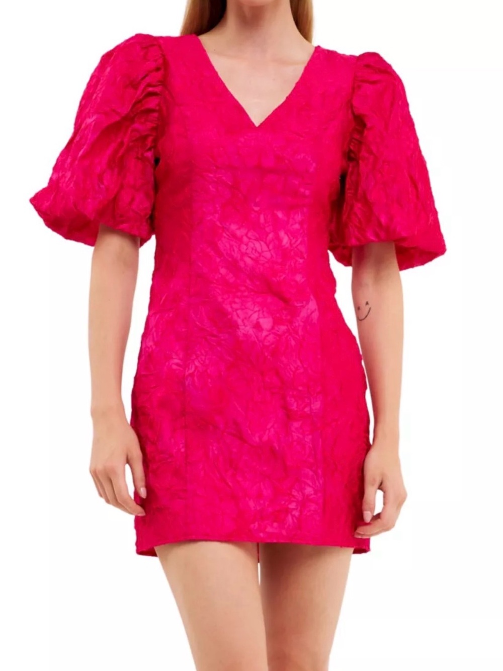 Endless Rose Pink Floral Jacquard Mini Dress Puff Bubble Sleeve Women’s Medium